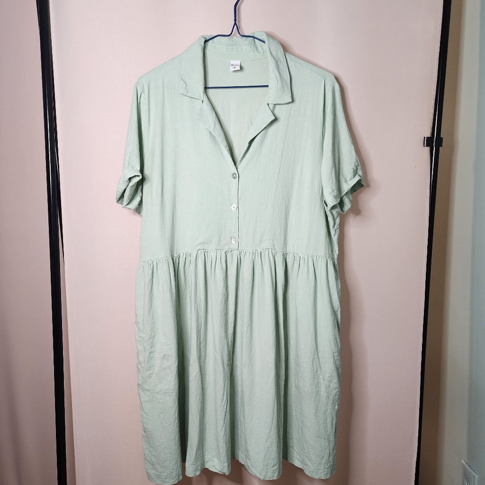 Linen Twik lightweight summer dress, in pastel green,  button up with collar